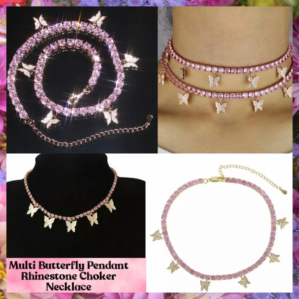 Pink Rhinestone Choker Butterfly Pendant Necklace